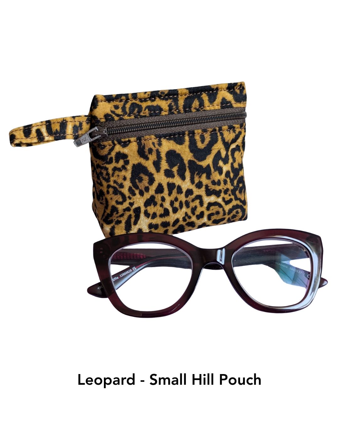 Leopard print small pouch with a pair of glasses on a white background