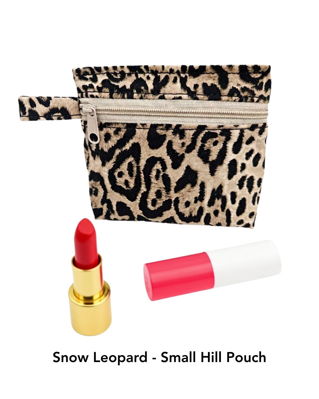 Snow Leopard patterned pouch with a pink lipstick and white and pink lip balm on a white background