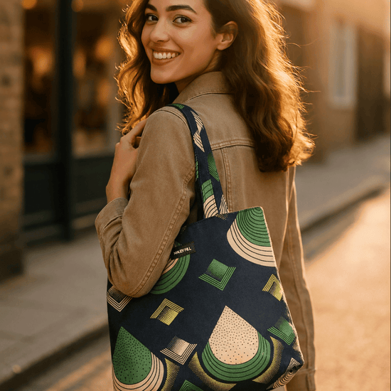Woman carrying an African print tote bag