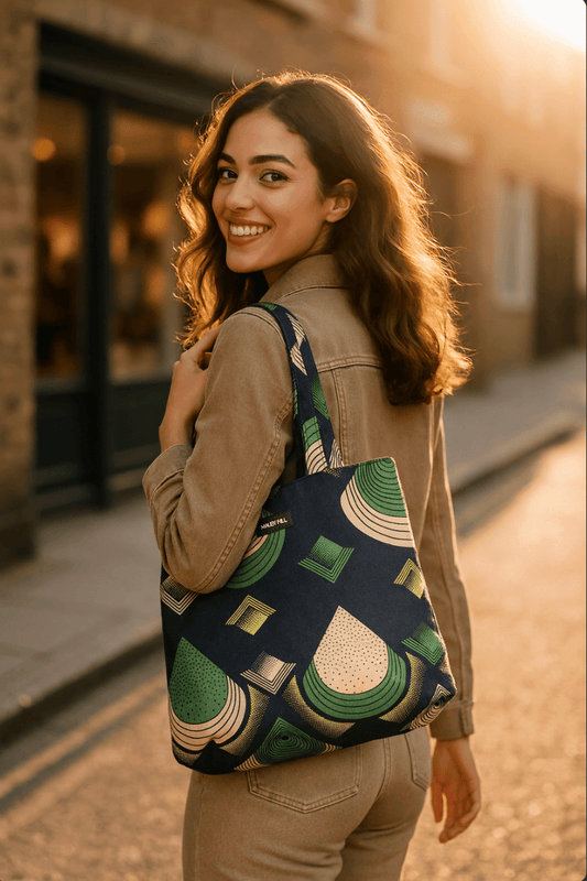 Woman carrying an African print tote bag